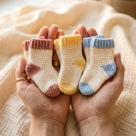 Mãos segurando três pares de meinhas de bebê em crochê, nas cores rosa, amarela e azul