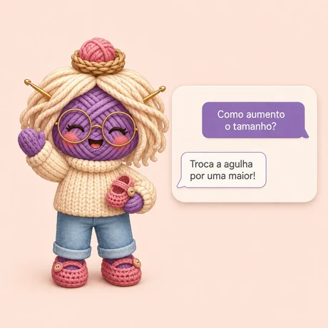 NINA IA, a ajudante de crochê da Colo de Lã: uma personagem de lã com cabeça de novelo roxo, óculos redondos e agulhas de crochê no cabelo, ao lado de uma conversa em que ela responde como aumentar o tamanho da peça