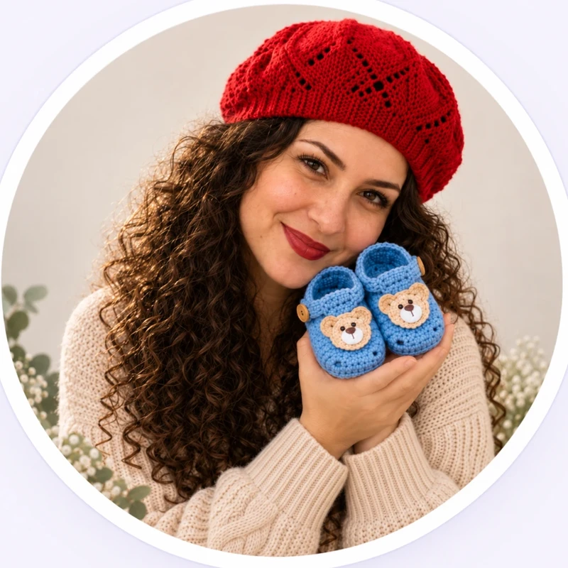 Maria Dornel, a expert, segurando um par de sapatinhos de bebê em crochê com carinha de ursinho